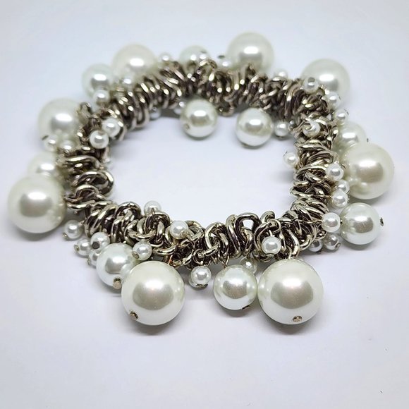 Vintage Woven Silver Chain Pearl Dangle Bead Bridal Dressy Stretch Bracelet - Picture 8 of 9